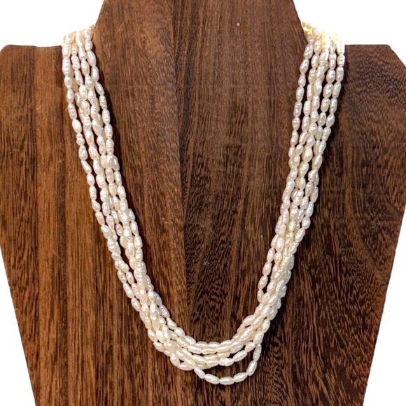 Vintage Multi Strand Baroque Pearl Necklace Rice Ornate Gold Tone Clasp 17" - Picture 1 of 9